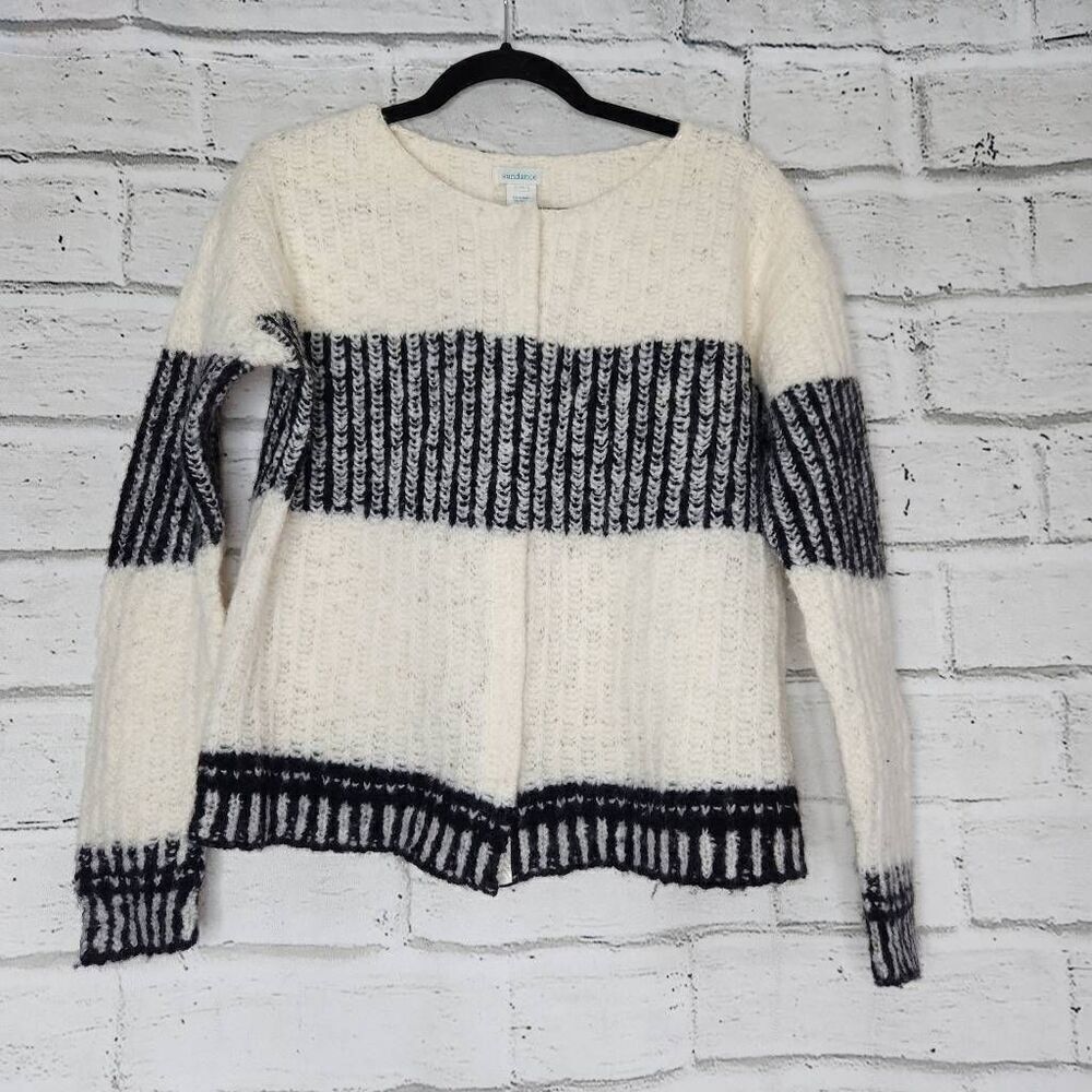 Sundance Womens Wool Striped Snap Front Cardigan Sweater White Black Size Medium